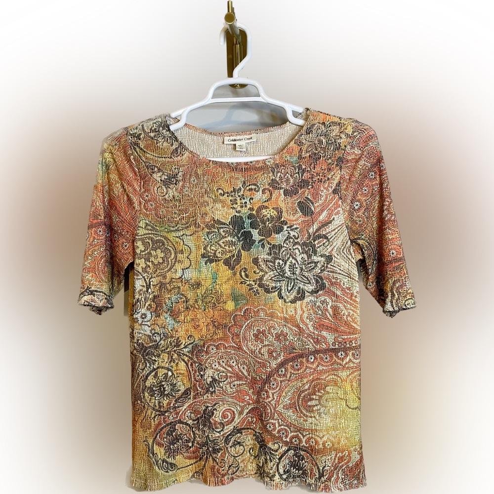 🌟 3/$10 - Woman’s Yellow Orange blouse Size L Coldwater Creek